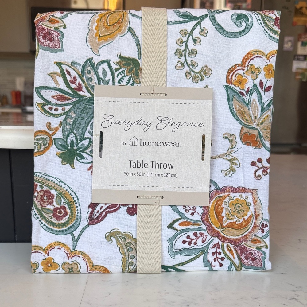 jcpenney White Paisley Floral Table Throw with Green, Maroon & Gold  Accents